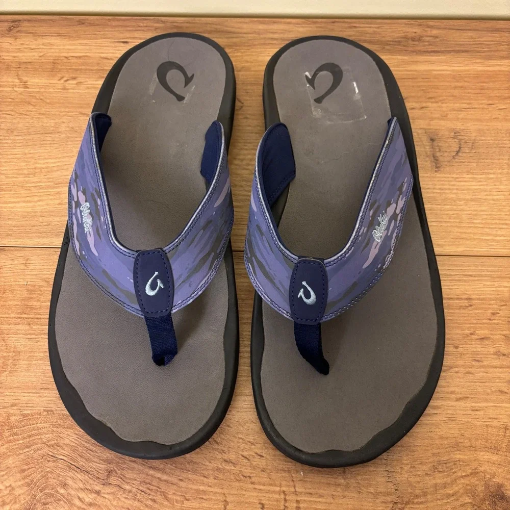 OLUKAI Ohana Pa'i Thong Sandals Trench Blue/Wai Camo Men Size 16 Flip Flops